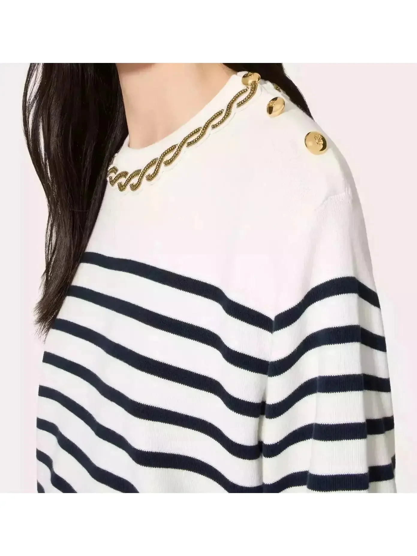 Bead Link Embroidered Collar Striped Knit Sweater