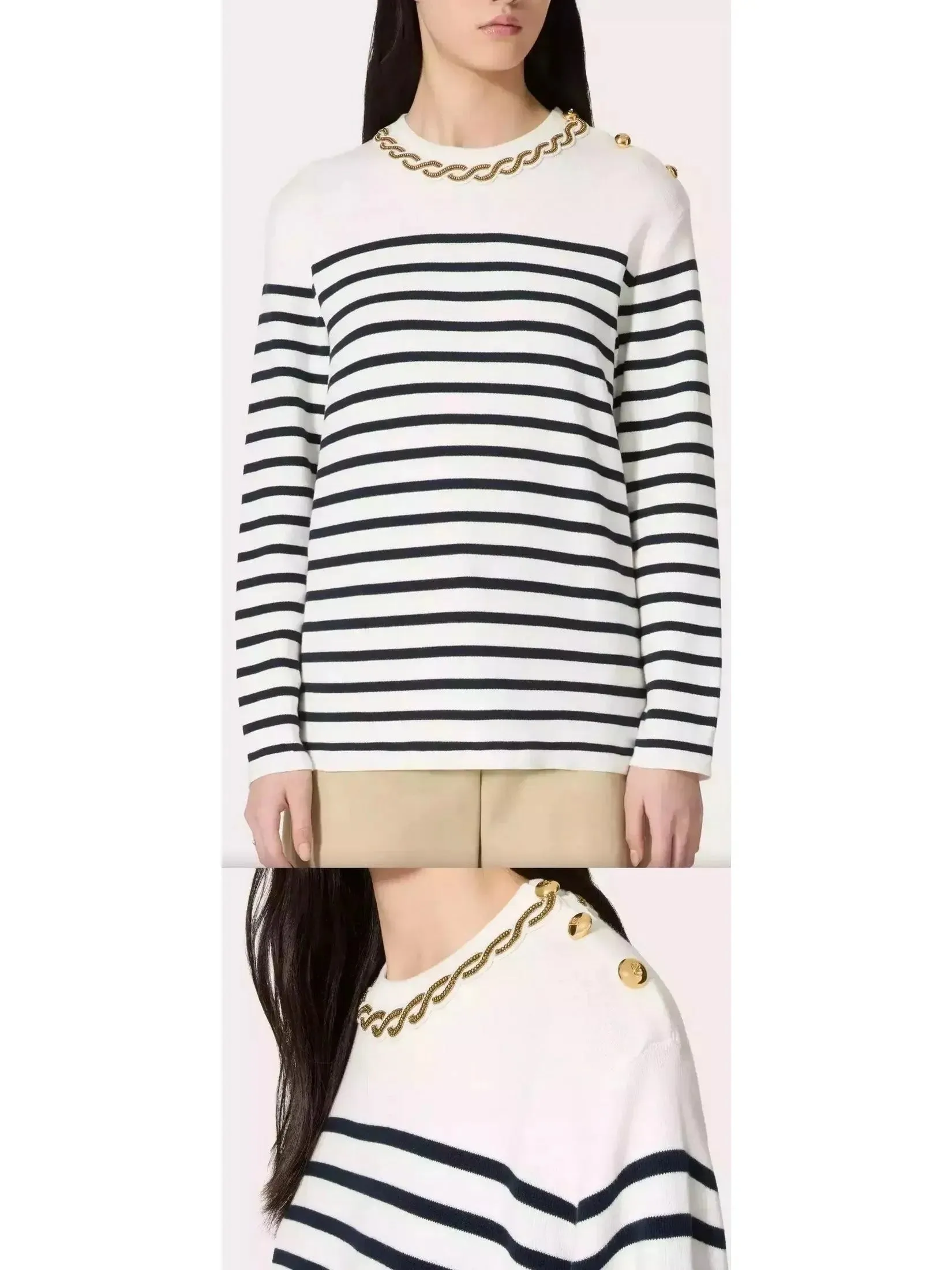 Bead Link Embroidered Collar Striped Knit Sweater