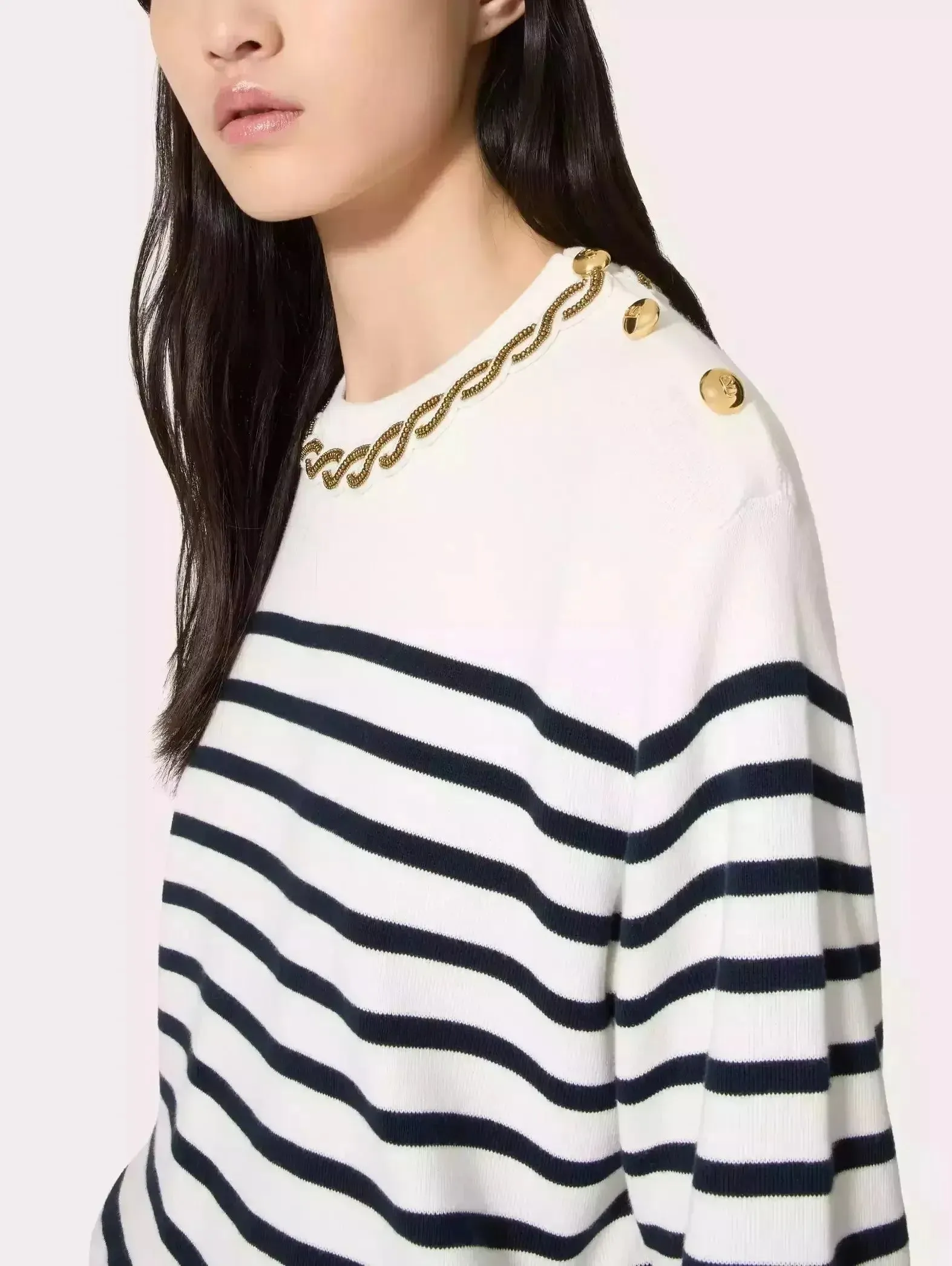 Bead Link Embroidered Collar Striped Knit Sweater