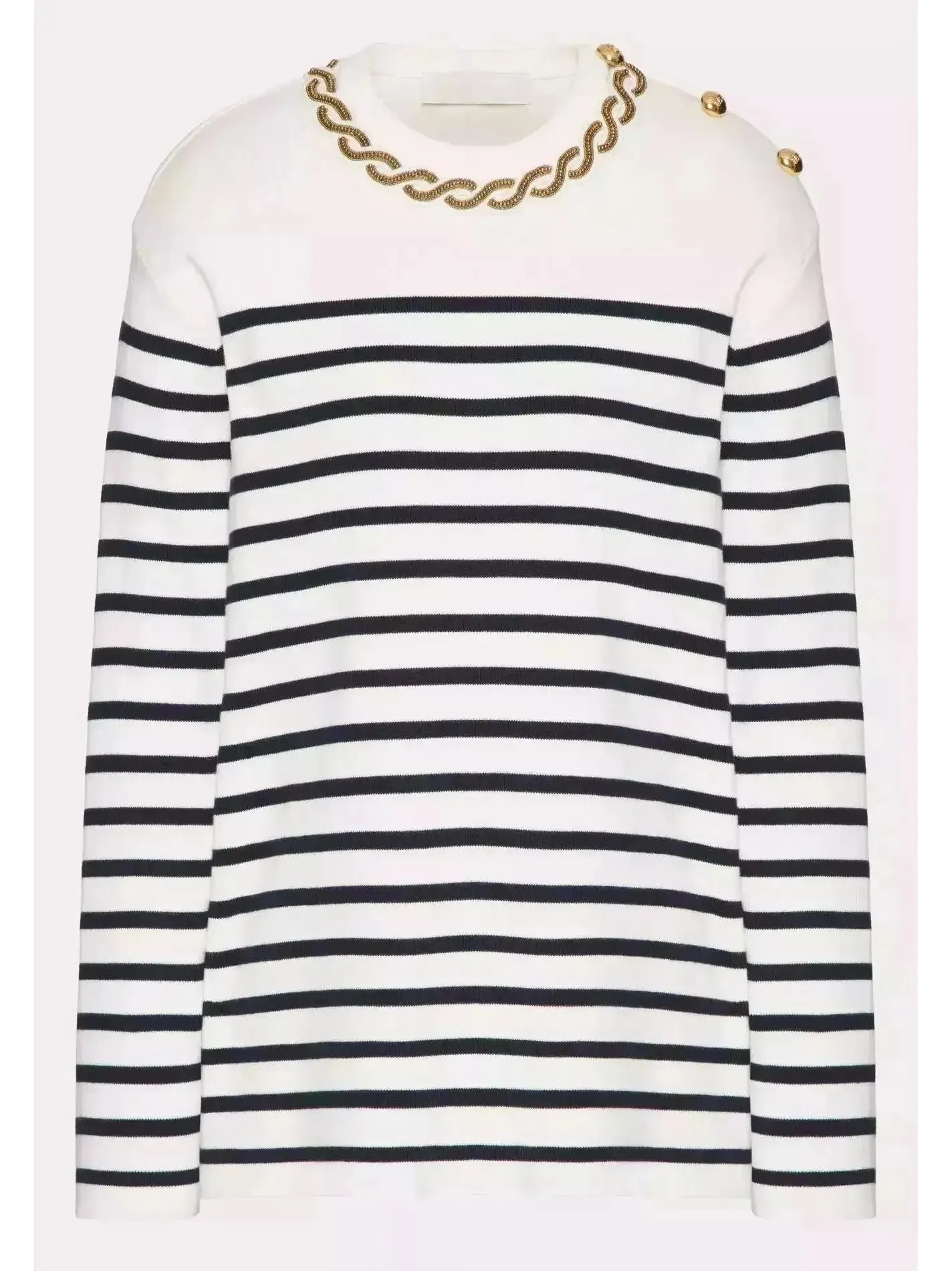 Bead Link Embroidered Collar Striped Knit Sweater