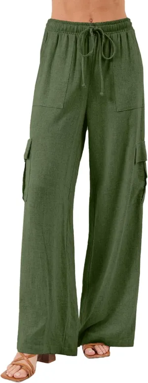 Beautiful Nomad Women's Linen Cargo Pants Casual High Waisted Wide Leg Pant Baggy Trousers with Pockets