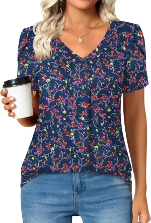 Bestbee Women's Plus Size Short Sleeve Blouses Summer Casual Loose Fit Tops V Neck Tunics