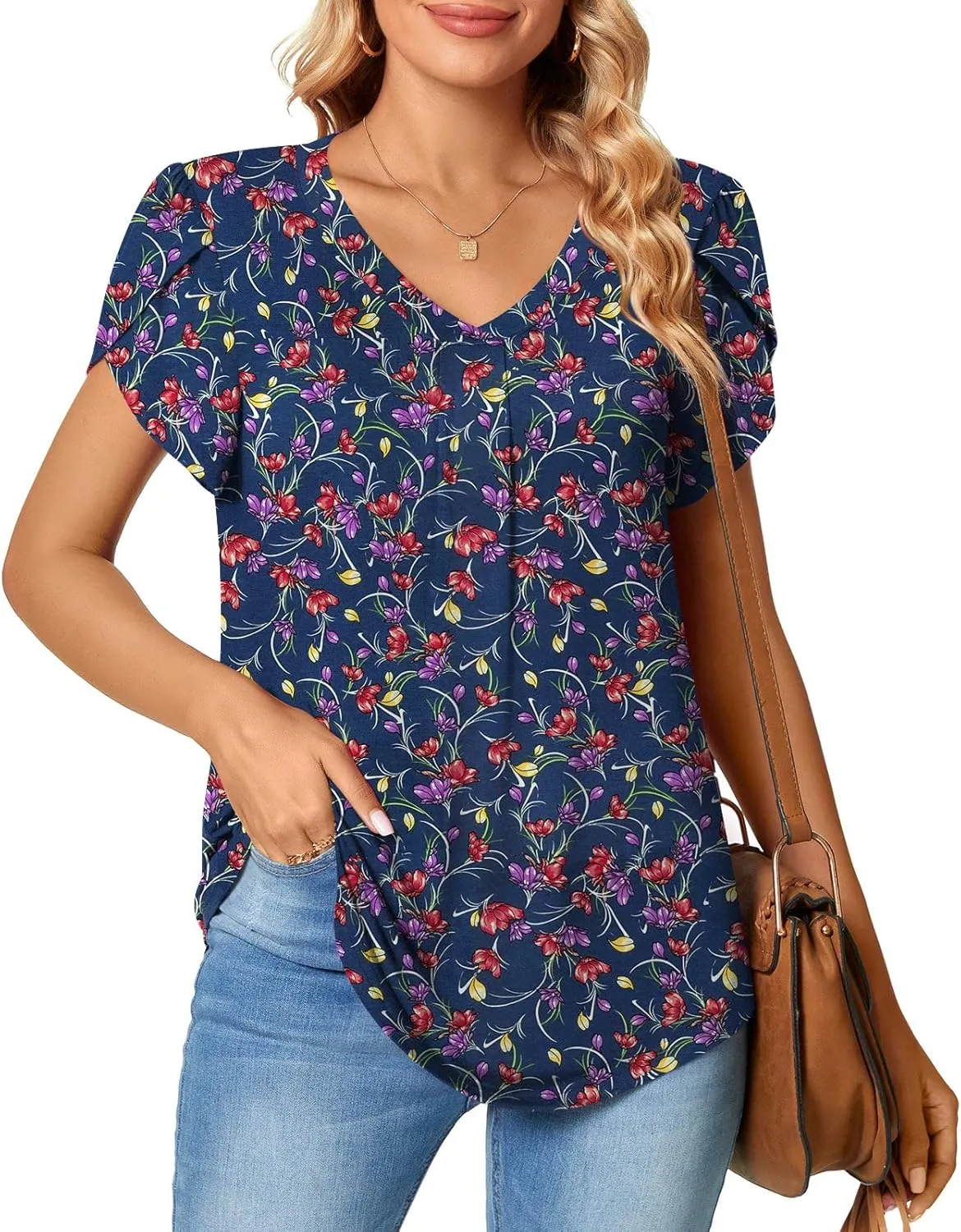 Bestbee Women's Plus Size Short Sleeve Blouses Summer Casual Loose Fit Tops V Neck Tunics