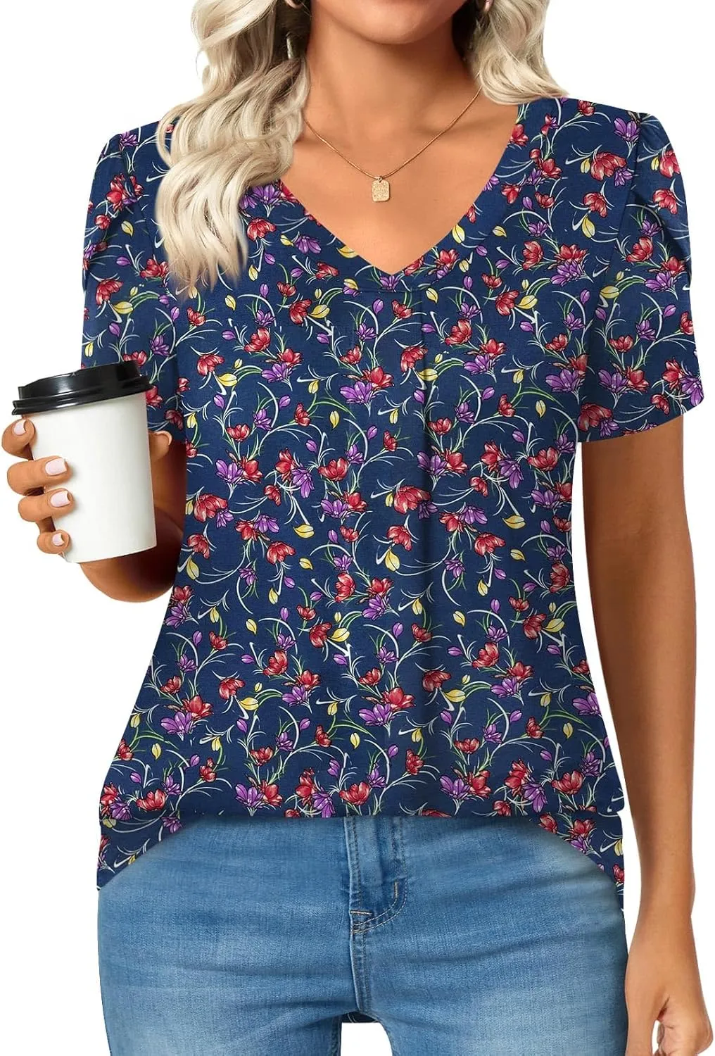 Bestbee Women's Plus Size Short Sleeve Blouses Summer Casual Loose Fit Tops V Neck Tunics
