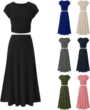 Binmer 2 Piece Outfit Set for Womens 2024 Summer Casual Ribbed Knit Short Sleeve Crop Top High Waist Midi Skirt Set Loungwear