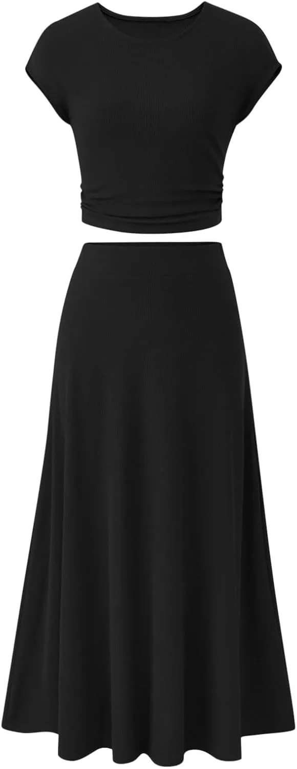 Binmer 2 Piece Outfit Set for Womens 2024 Summer Casual Ribbed Knit Short Sleeve Crop Top High Waist Midi Skirt Set Loungwear