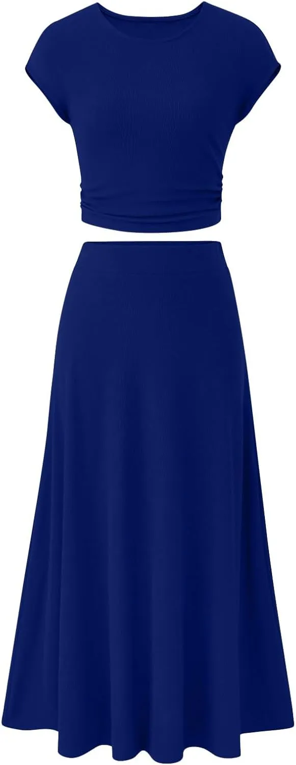 Binmer 2 Piece Outfit Set for Womens 2024 Summer Casual Ribbed Knit Short Sleeve Crop Top High Waist Midi Skirt Set Loungwear