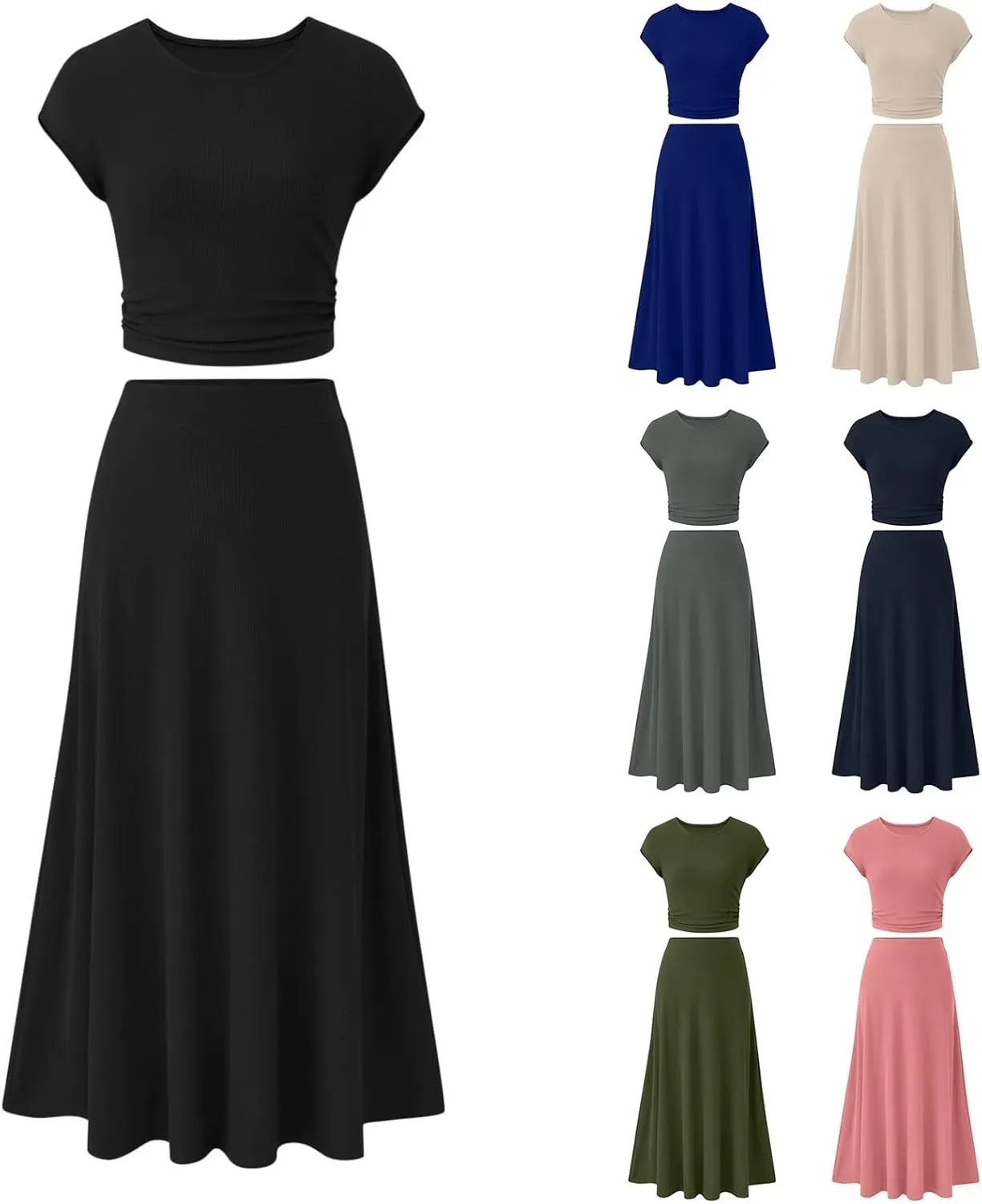 Binmer 2 Piece Outfit Set for Womens 2024 Summer Casual Ribbed Knit Short Sleeve Crop Top High Waist Midi Skirt Set Loungwear
