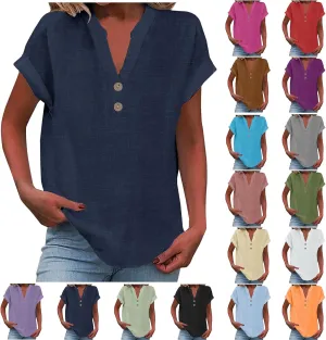 Binmer Half Button Linen Tops for Womens Oversized Short Sleeve V Neck Shirts Loose Fit Tunic Blouse Casual Summer Tee