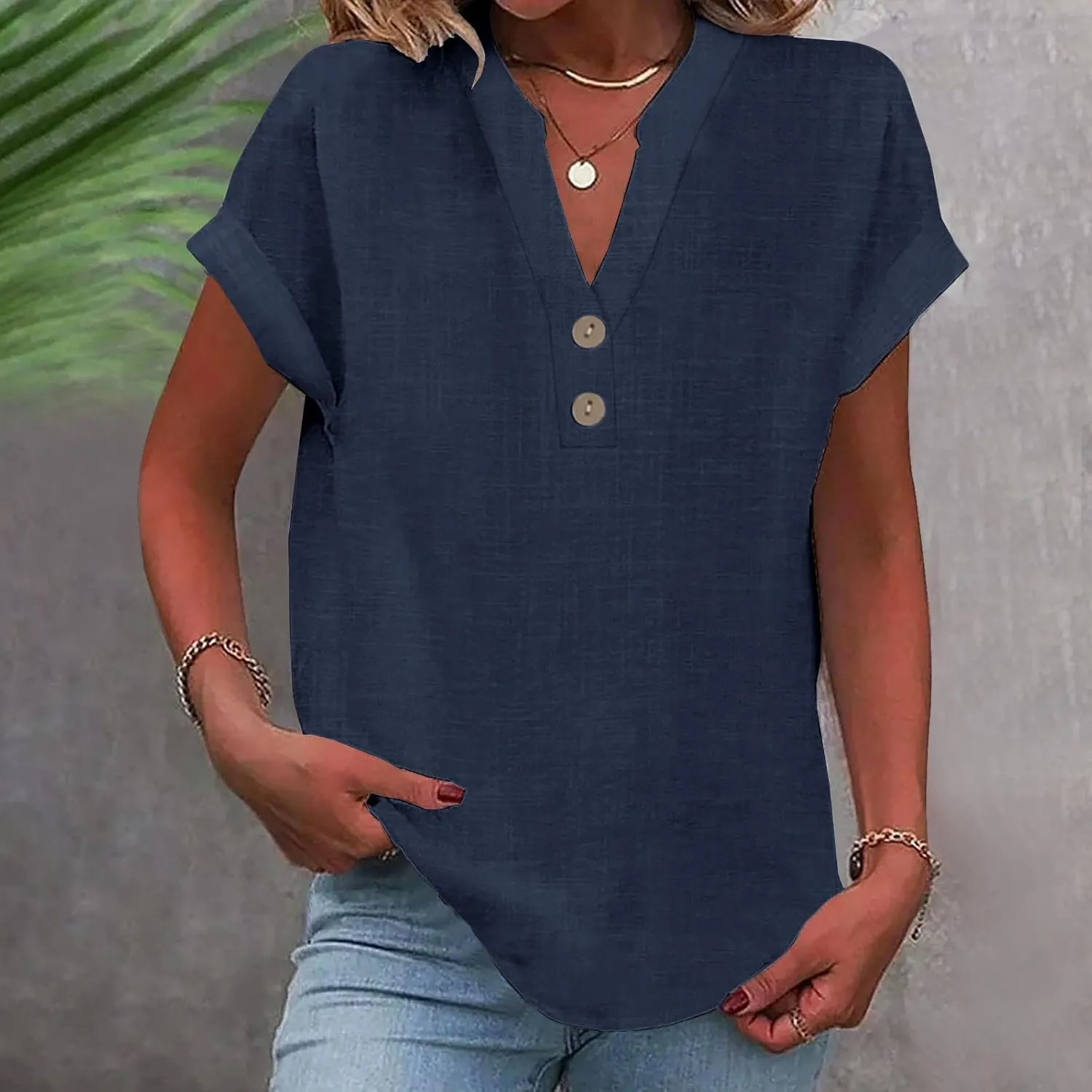 Binmer Half Button Linen Tops for Womens Oversized Short Sleeve V Neck Shirts Loose Fit Tunic Blouse Casual Summer Tee