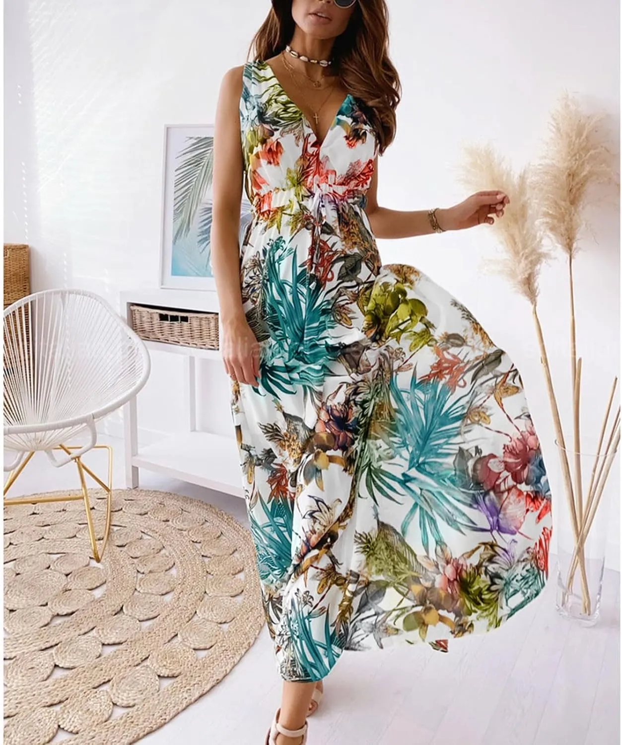 Boho Dresses for Women 2025 Summer Casual Floral Tropical Wrap Sleeveless High Waisted Sexy Flowy Beach Maxi Dresses
