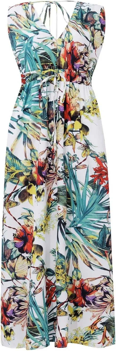 Boho Dresses for Women 2025 Summer Casual Floral Tropical Wrap Sleeveless High Waisted Sexy Flowy Beach Maxi Dresses