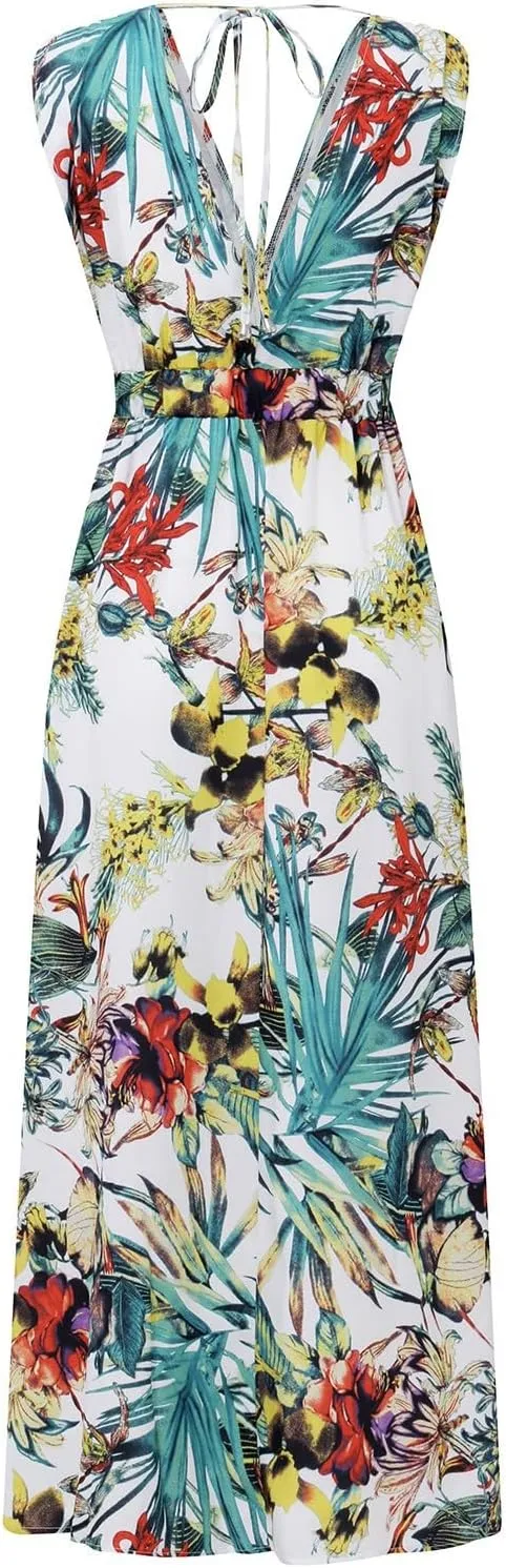 Boho Dresses for Women 2025 Summer Casual Floral Tropical Wrap Sleeveless High Waisted Sexy Flowy Beach Maxi Dresses