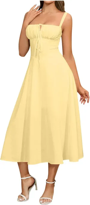 Boho Midi Corset Dress for Women Flowy Slit Lace Up Spaghetti Straps Square Neck Going Out A Line Bustier Dresses