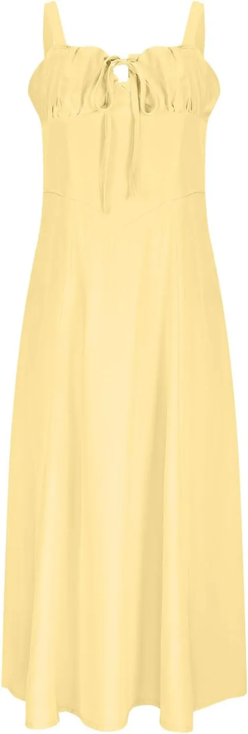 Boho Midi Corset Dress for Women Flowy Slit Lace Up Spaghetti Straps Square Neck Going Out A Line Bustier Dresses