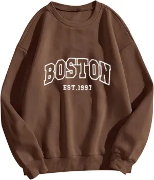Boston Sweatshirts Women Round Neck Letter Graphic Cute Pullover Oversized Casual Hoodie Teen Girls Spring Y2K Clothes