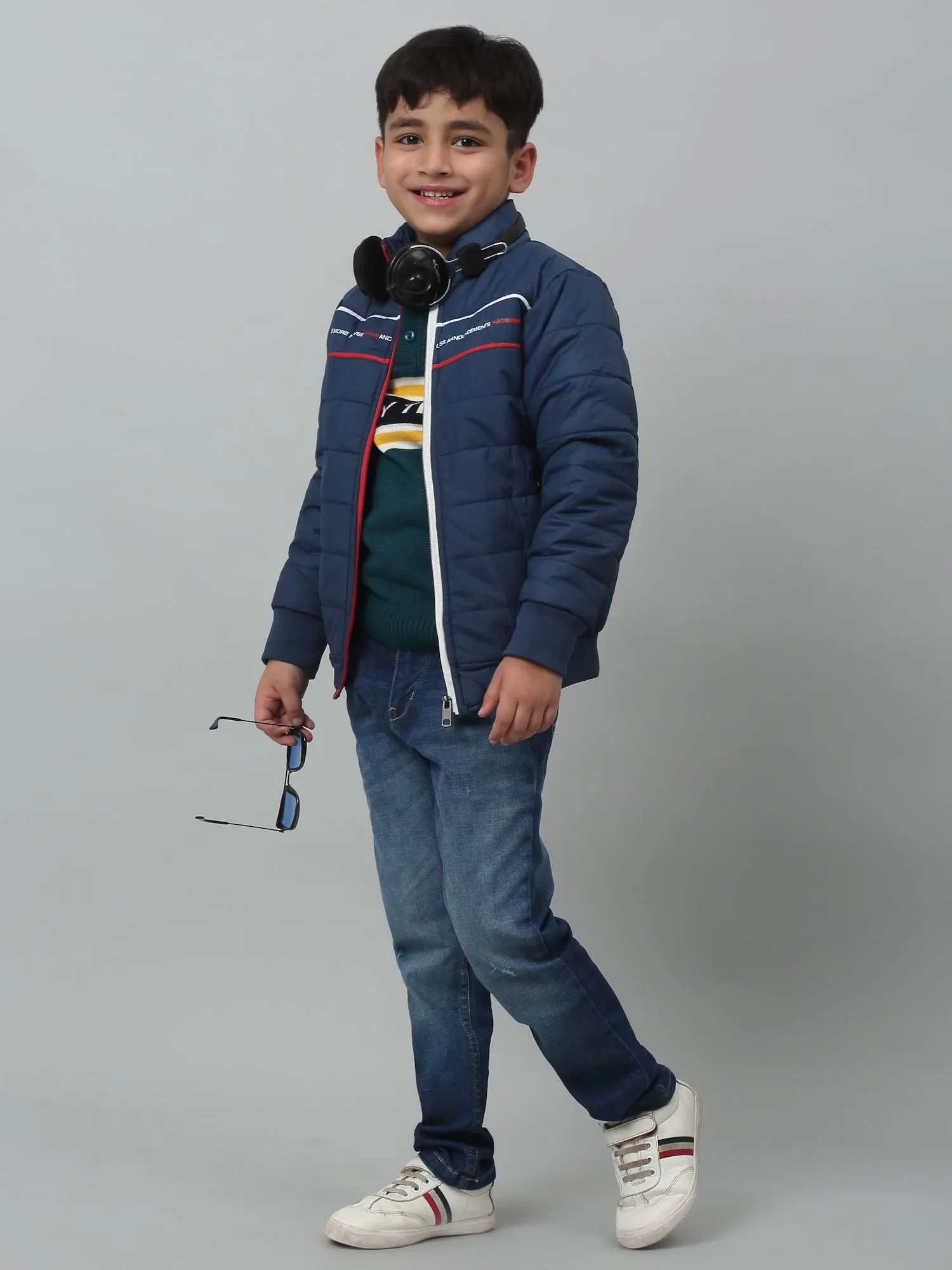 Boys Navy Mandarin Collar Solid Casual Jacket For Winter
