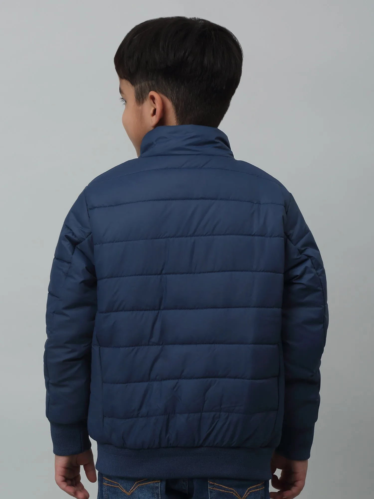 Boys Navy Mandarin Collar Solid Casual Jacket For Winter