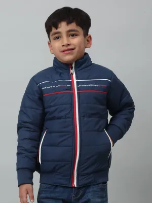 Boys Navy Mandarin Collar Solid Casual Jacket For Winter