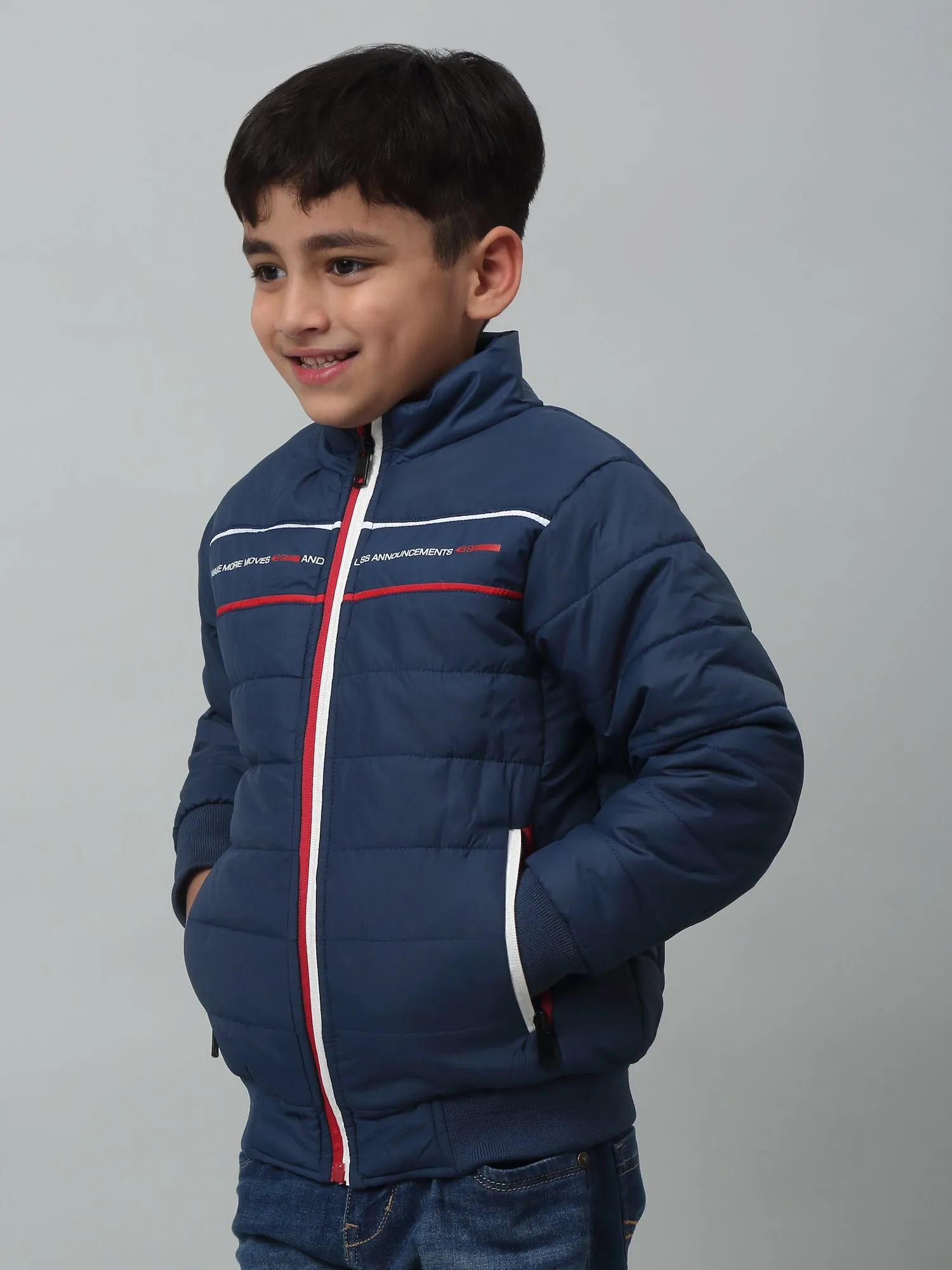 Boys Navy Mandarin Collar Solid Casual Jacket For Winter
