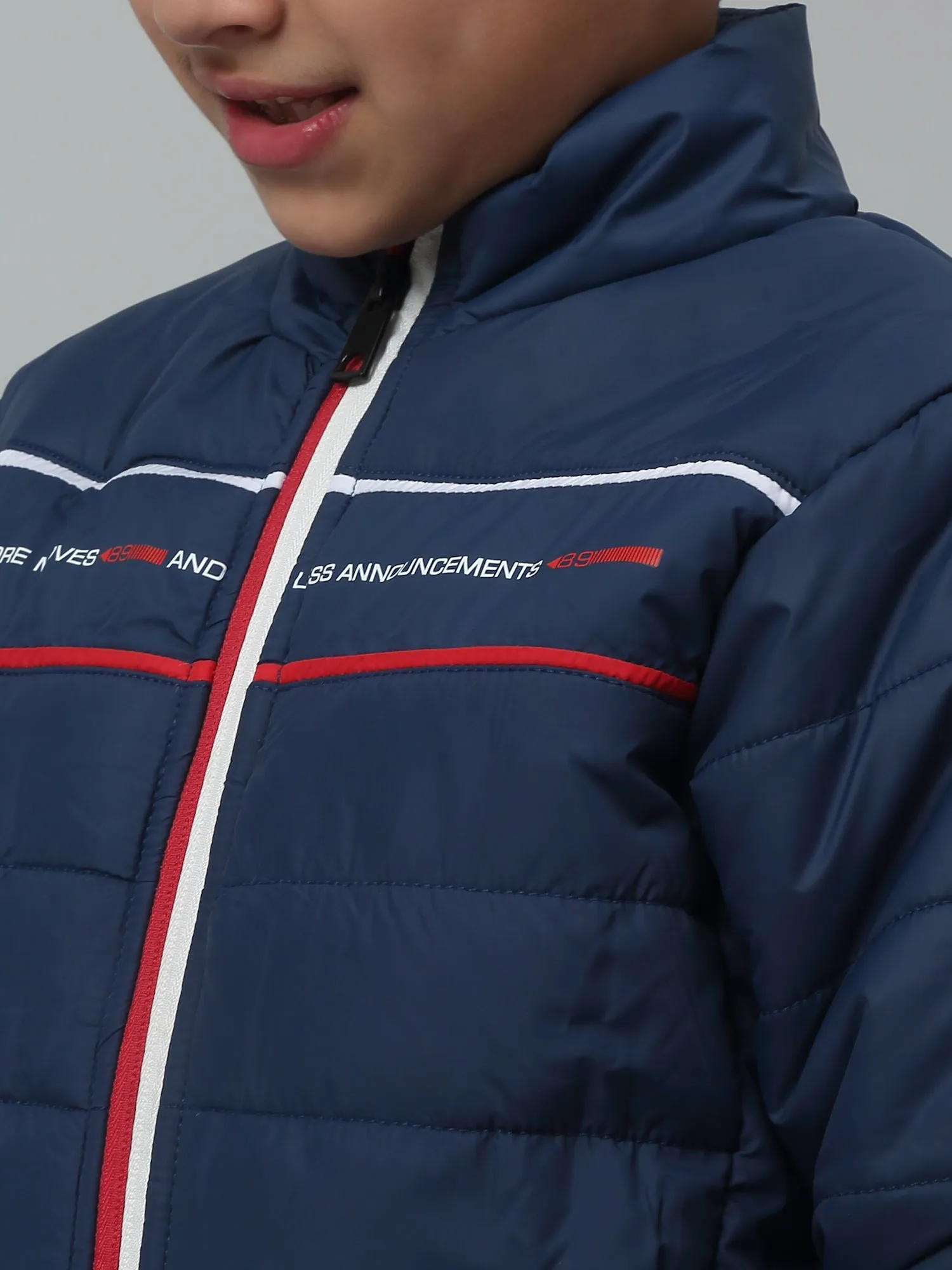 Boys Navy Mandarin Collar Solid Casual Jacket For Winter