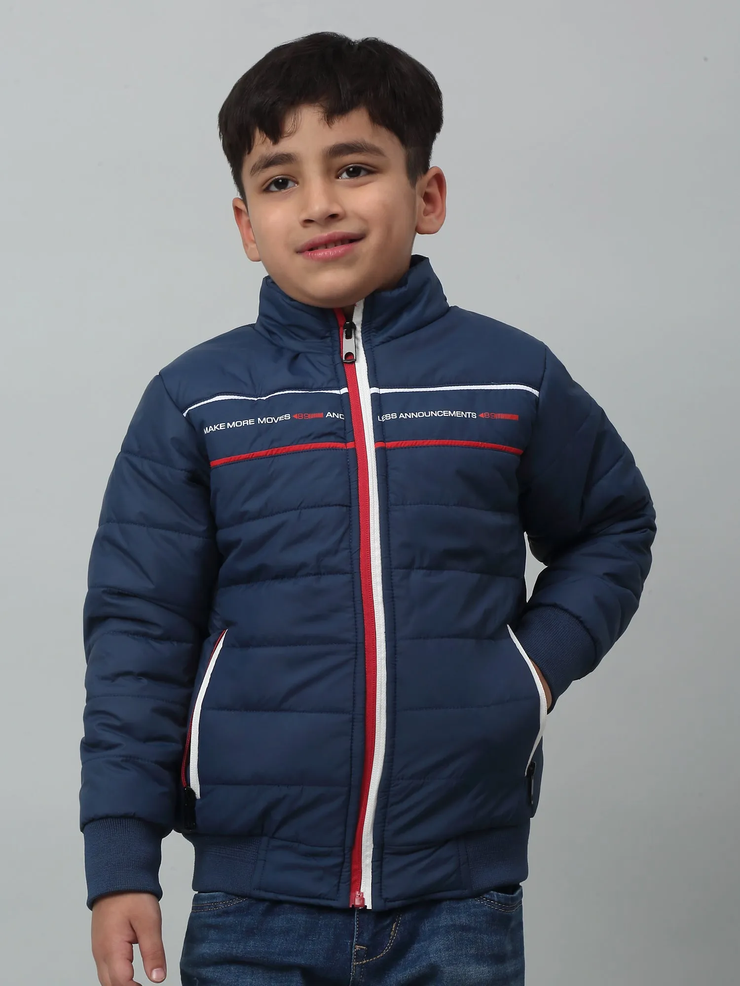 Boys Navy Mandarin Collar Solid Casual Jacket For Winter