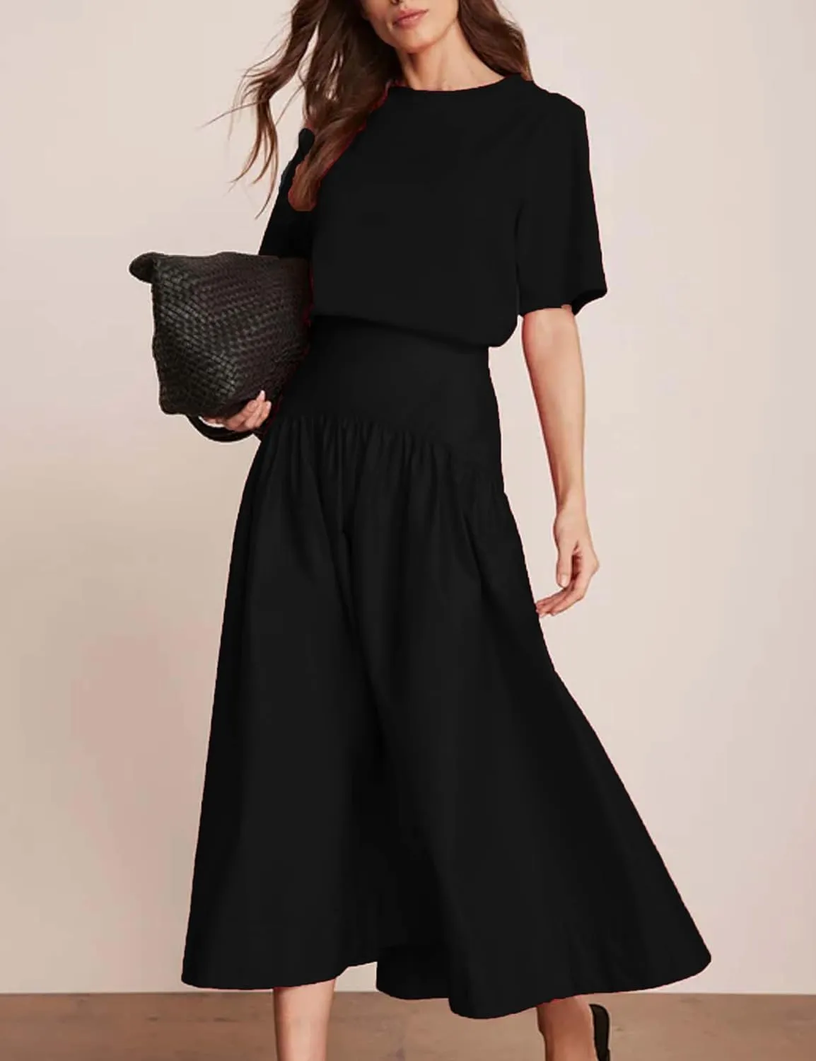 Bozanly Summer Two Piece Outfits Skirts Set for Women Crewneck Short Sleeve Tee and Midi Skirt Sets Dresses