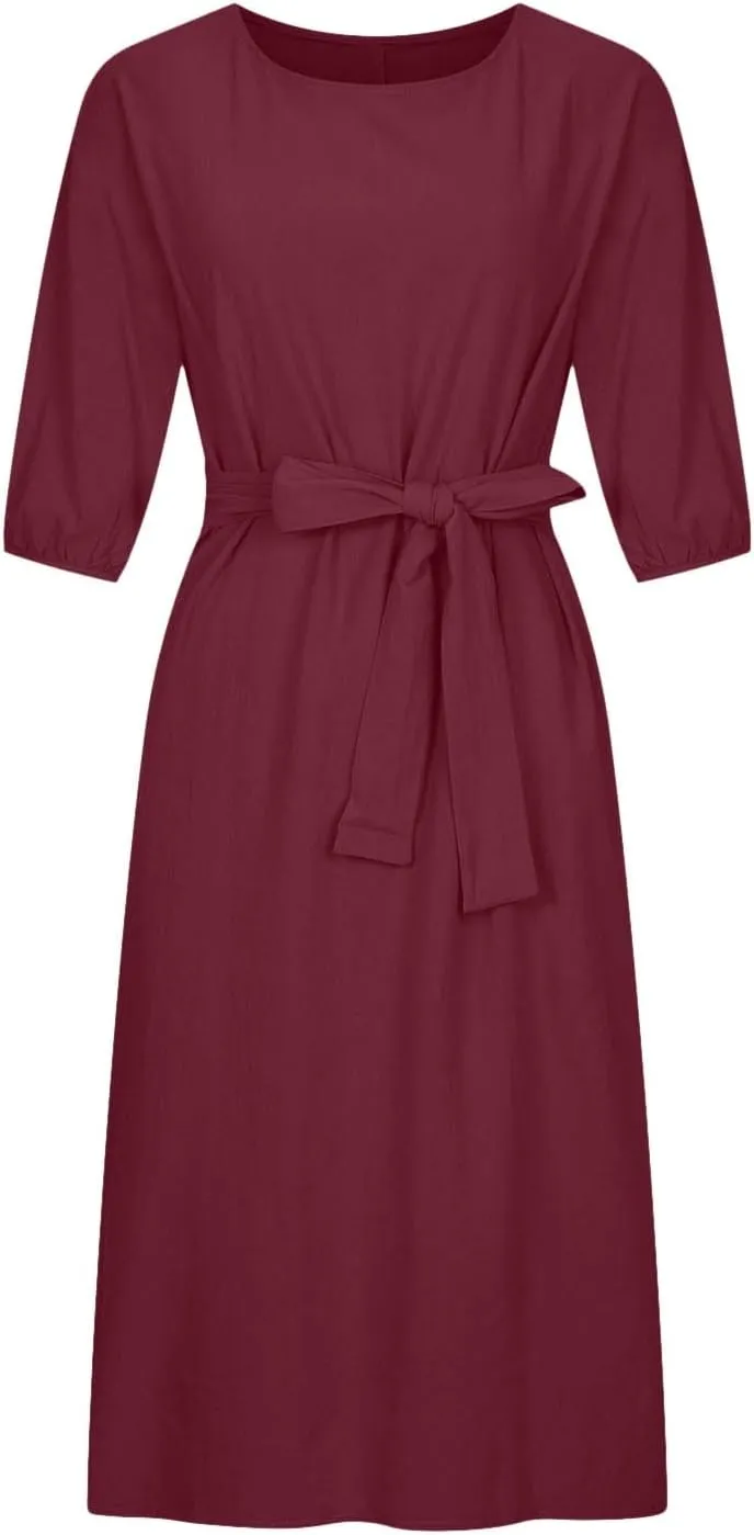 Business Dress for Women Solid Color Tie Waist Knee Length Long Sleeve Dresses Casual Loose Plus Size Office Dress