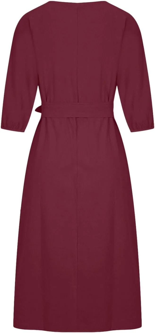 Business Dress for Women Solid Color Tie Waist Knee Length Long Sleeve Dresses Casual Loose Plus Size Office Dress