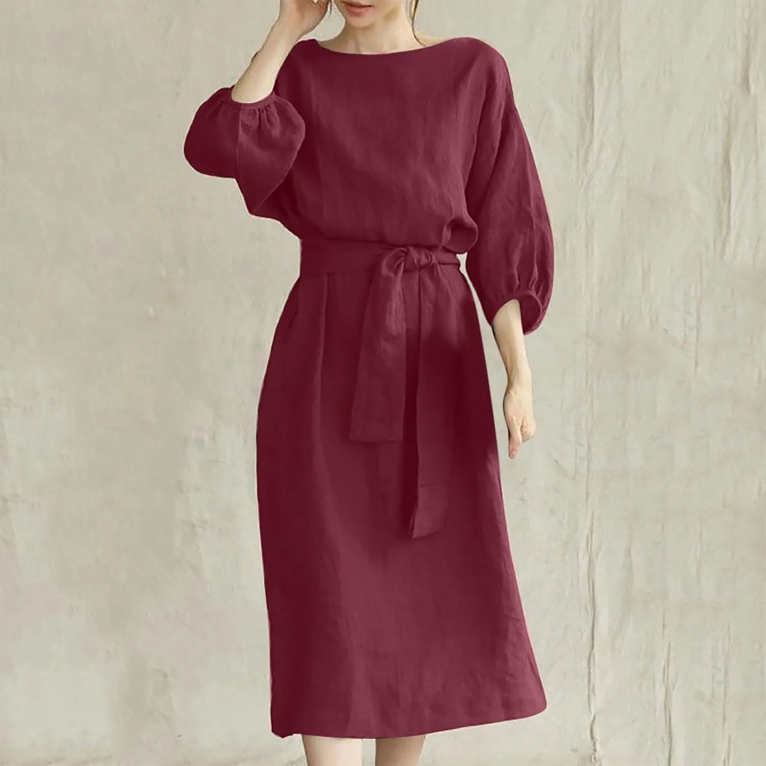 Business Dress for Women Solid Color Tie Waist Knee Length Long Sleeve Dresses Casual Loose Plus Size Office Dress