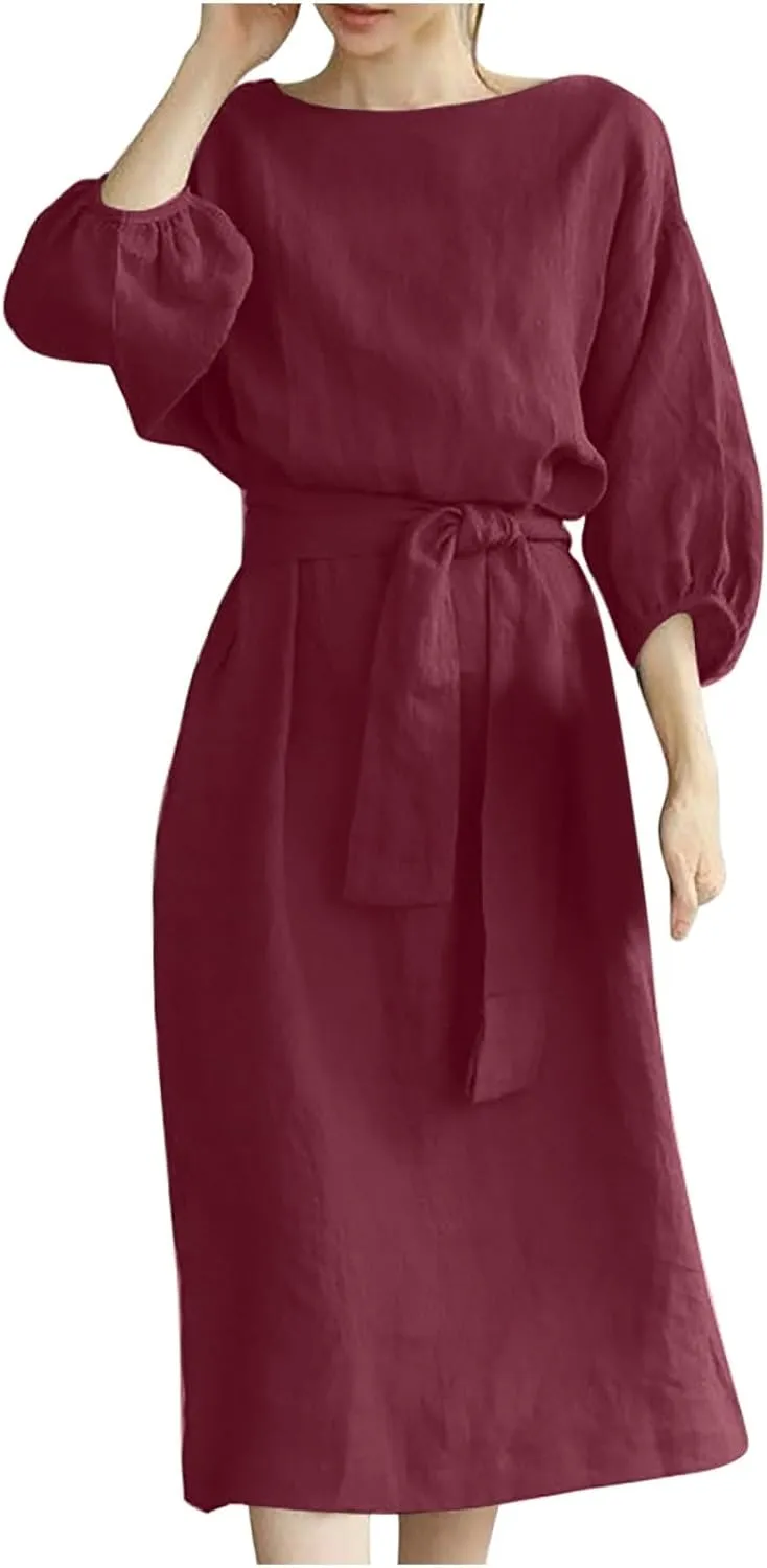 Business Dress for Women Solid Color Tie Waist Knee Length Long Sleeve Dresses Casual Loose Plus Size Office Dress