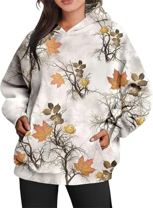 Camo Hoodie Womens Camo Sweatshirt for Women Trendy Maple Leaf Plain Hoodies Fleece Oversized Y2K Pullover with Pocket
