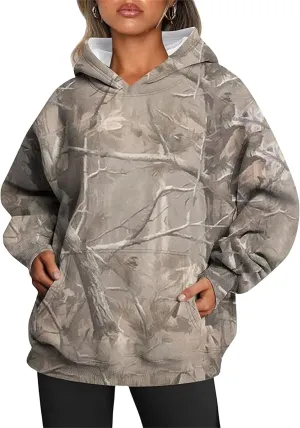 Camo Hoodie Womens Camo Sweatshirt for Women Trendy Maple Leaf Plain Hoodies Fleece Oversized Y2K Pullover with Pocket