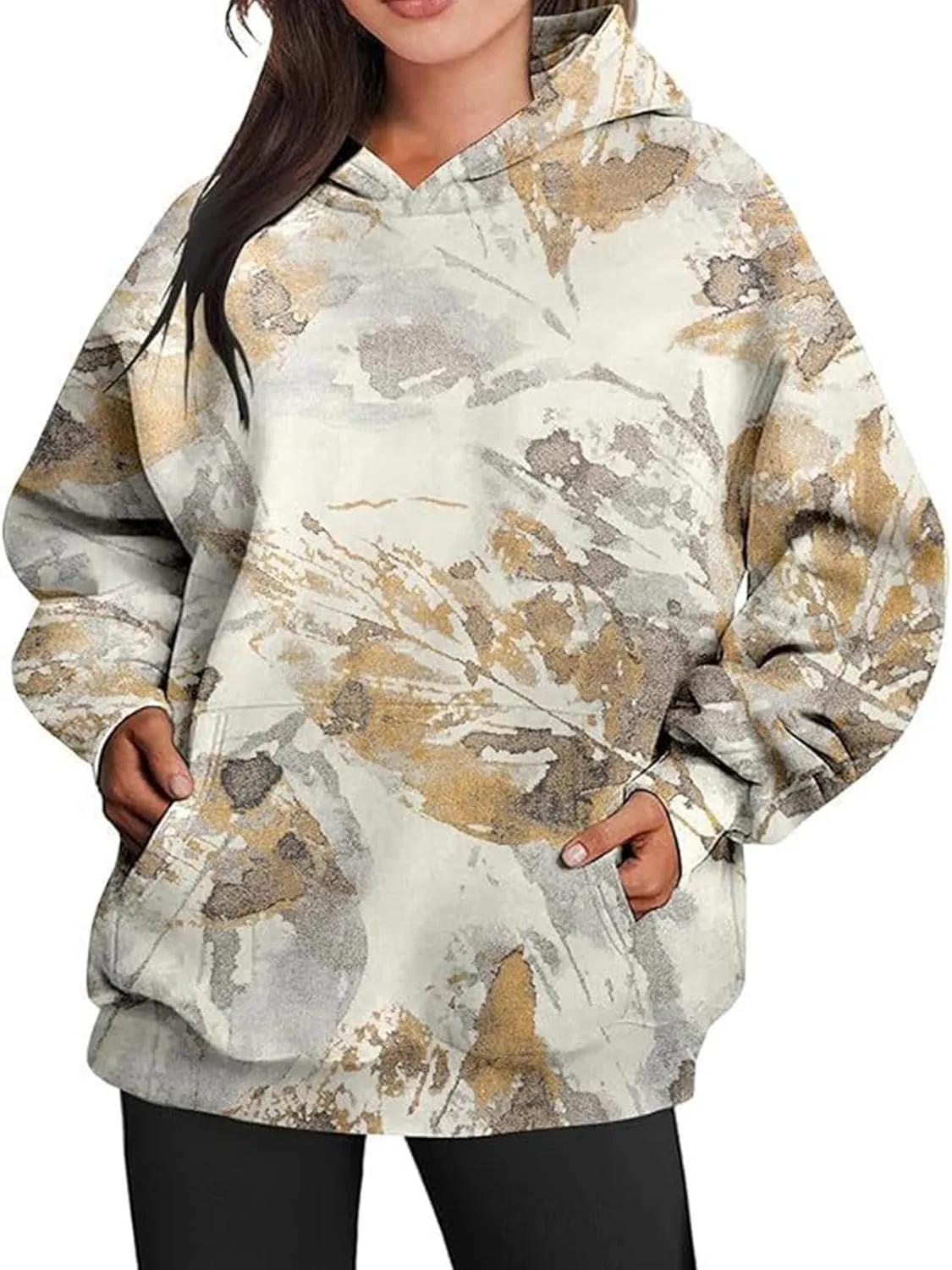 Camo Hoodie Womens Maple Leaf Print Oversized Hooded Sweatshirt Fleece Sweatshirts Casual Long Sleeve Pullover 2024