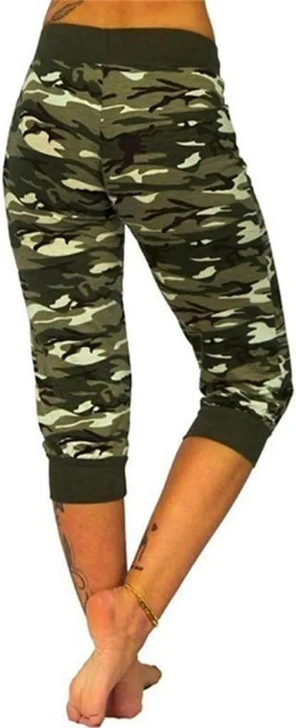 Camo Print Capri Pants for Women High Waist Casual Drawstring Trousers Workout Athletic Running Capri Leggings