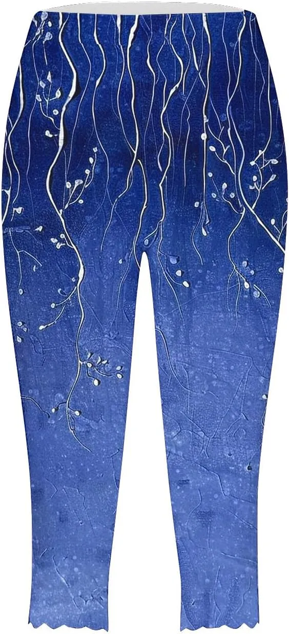Capri Leggings for Women Floral Print High Waist Capris Pants Tummy Control Knee Length Slim Yoga Cropped Trouser