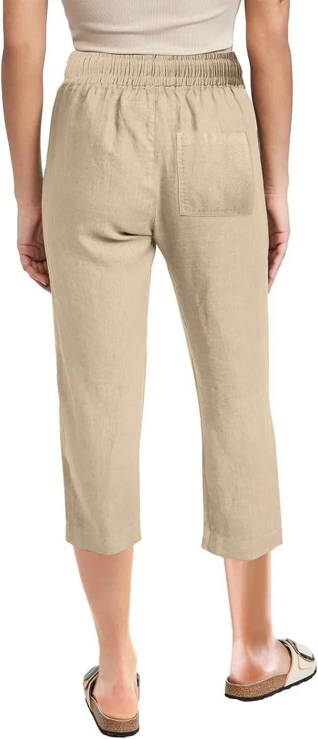 Capri Linen Pants Women Summer Casual 2025 Travel Drawstring Elastic High Waist Straight Wide Leg Cropped Trousers