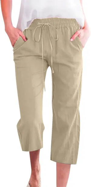 Capri Linen Pants Women Summer Casual 2025 Travel Drawstring Elastic High Waist Straight Wide Leg Cropped Trousers