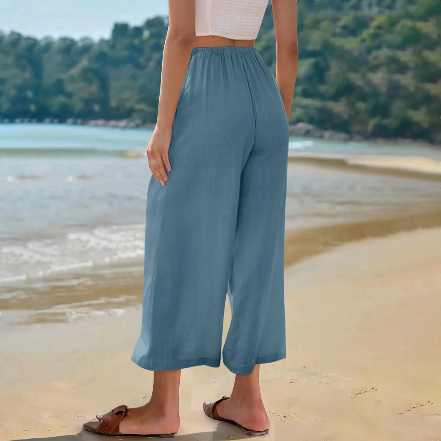Capri Pants for Women High Waisted Wide Leg Linen Palazzo Trousers Summer Elastic Smock Waist Loose Flowy Pants