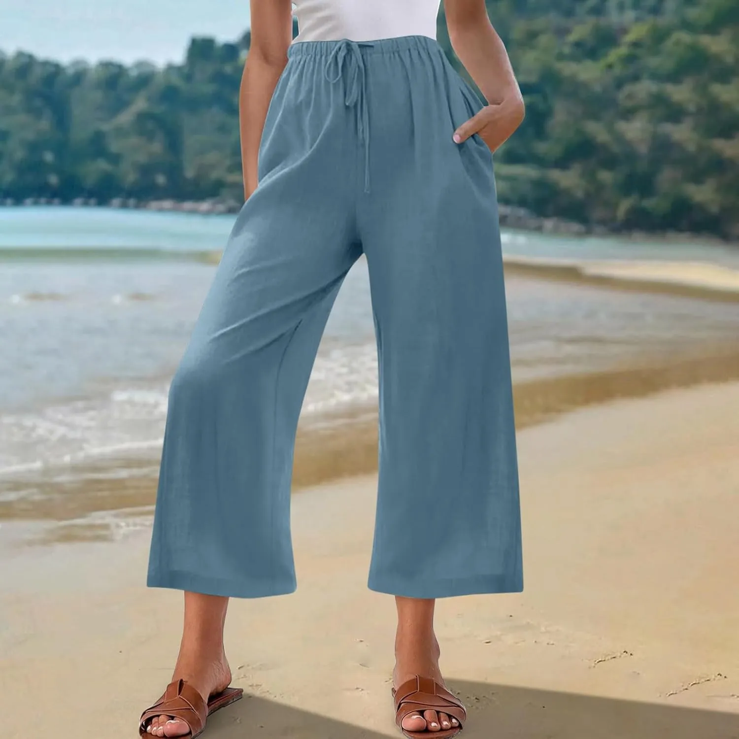 Capri Pants for Women High Waisted Wide Leg Linen Palazzo Trousers Summer Elastic Smock Waist Loose Flowy Pants
