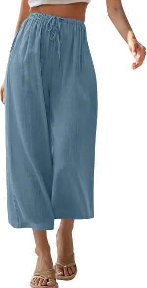 Capri Pants for Women High Waisted Wide Leg Linen Palazzo Trousers Summer Elastic Smock Waist Loose Flowy Pants