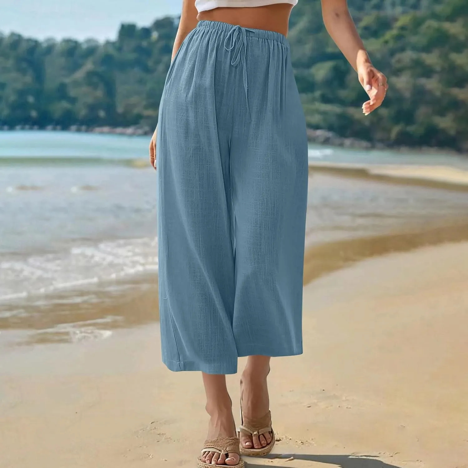 Capri Pants for Women High Waisted Wide Leg Linen Palazzo Trousers Summer Elastic Smock Waist Loose Flowy Pants