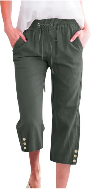 Capri Pants for Women Plus Size Button Summer Linen Pants Straight Leg Cropped Trouser High Waist Drawstring Capris