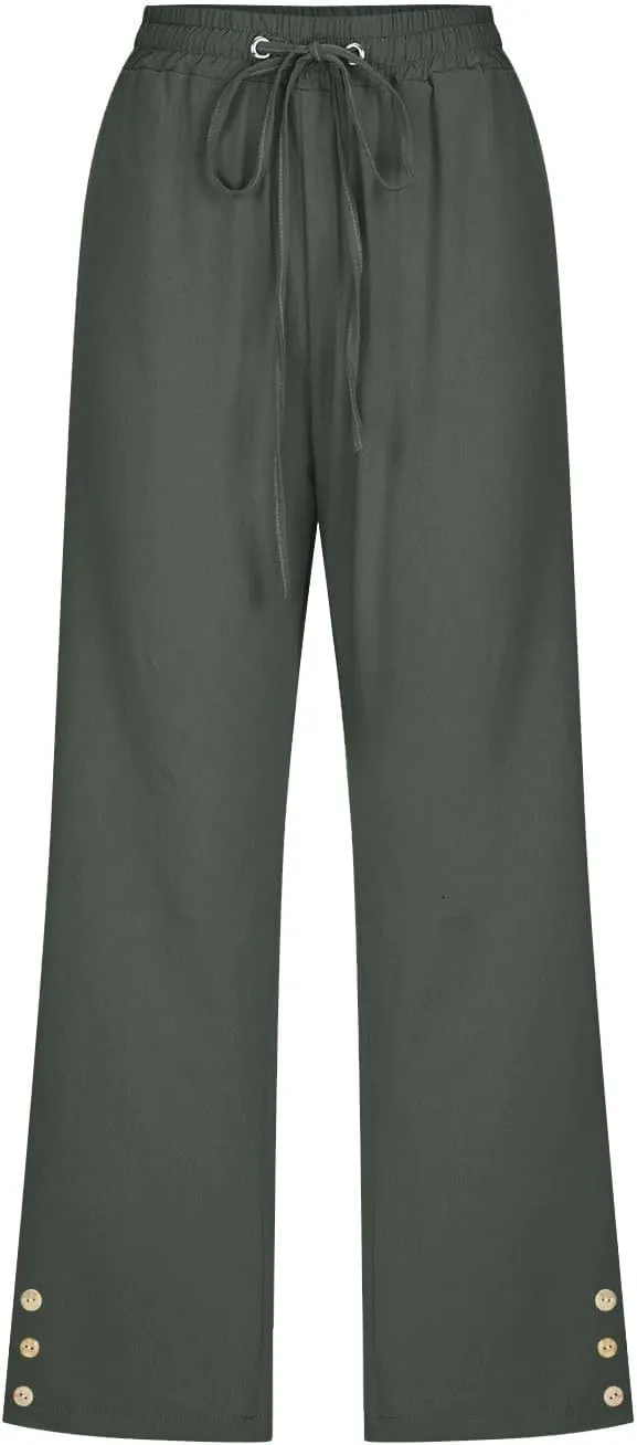 Capri Pants for Women Plus Size Button Summer Linen Pants Straight Leg Cropped Trouser High Waist Drawstring Capris