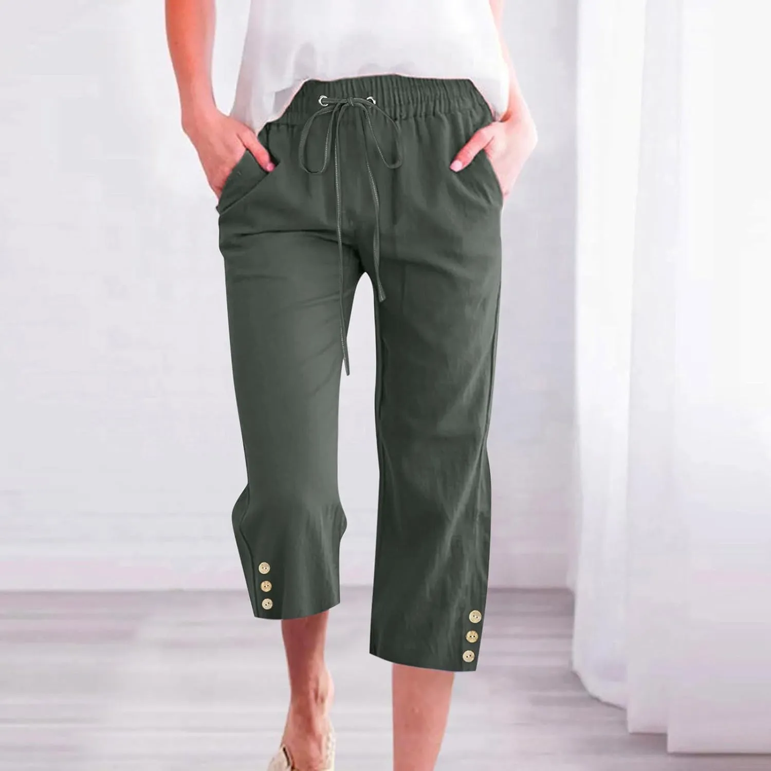 Capri Pants for Women Plus Size Button Summer Linen Pants Straight Leg Cropped Trouser High Waist Drawstring Capris