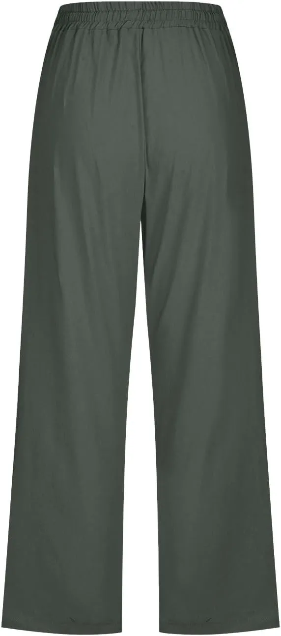 Capri Pants for Women Plus Size Button Summer Linen Pants Straight Leg Cropped Trouser High Waist Drawstring Capris