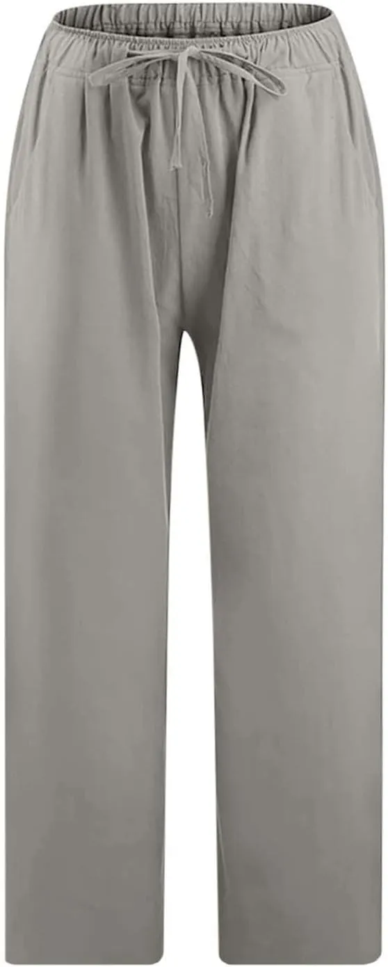 Capri Pants for Women Summer Cotton Linen Capris Drawstring Elastic High Waist Pants Wide Leg Cropped Trouser