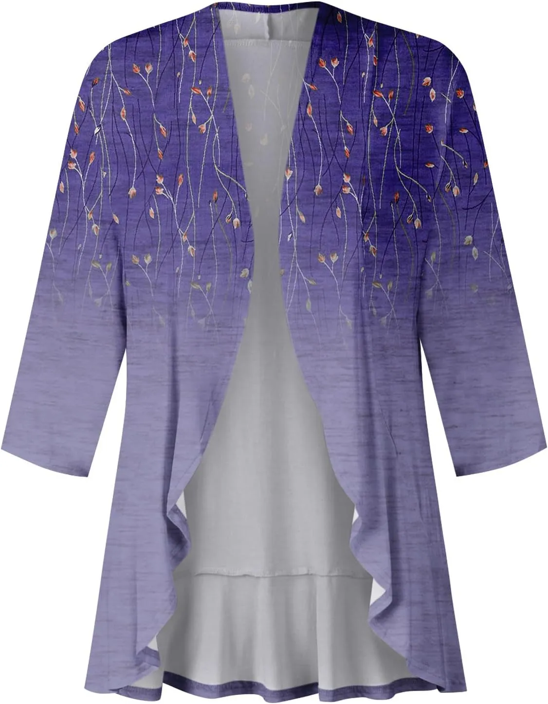 Cardigan for Women Draped Ruffles Printed Casual Tops 3/4 Sleeves Lightweight Open Front Shirts
