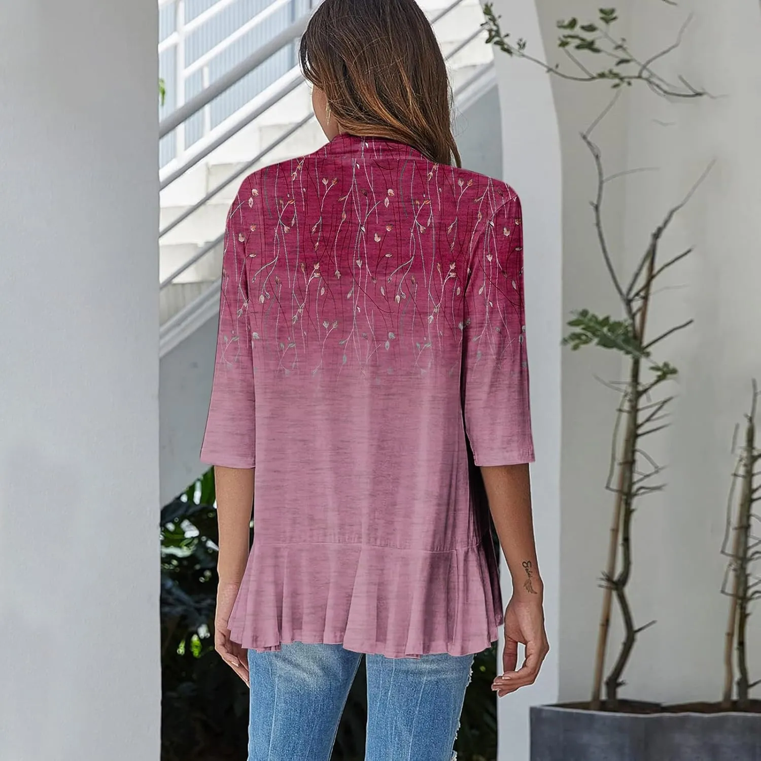 Cardigan for Women Draped Ruffles Printed Casual Tops 3/4 Sleeves Lightweight Open Front Shirts