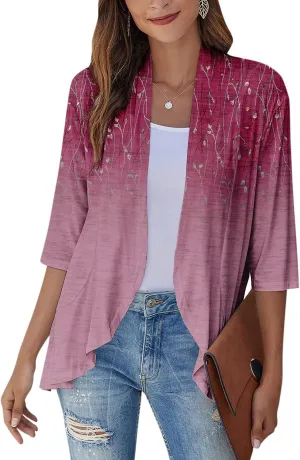 Cardigan for Women Draped Ruffles Printed Casual Tops 3/4 Sleeves Lightweight Open Front Shirts